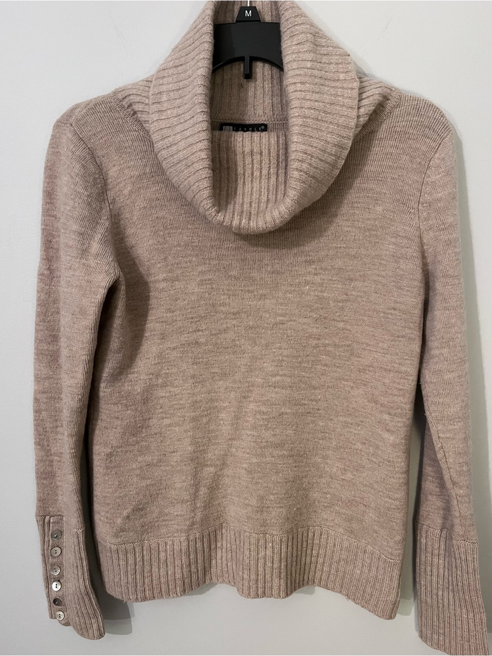 Vintage Carole Little Taupe Cowl Neck 100% Merino Wool Sweater with Button Cuff